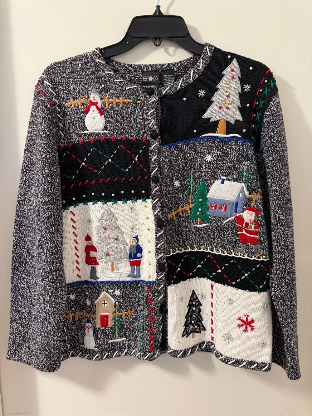 VTG 90’s Erika Teacher WhimsicalEmbroidered Black, Gray & White Holiday Cardigan